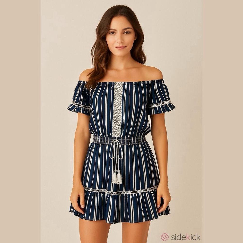 Ocean Drive M Boho Striped Off Shoulder Peasant Festival Romantic Mini Dress
